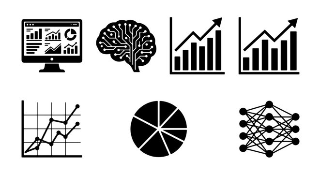 70 Data Analysis Icons: Computer Monitor, Brain Circuit, Growth Charts, Neural Network, Pie Chart, Line Graphs for Business Intelligence and AI Concepts 100