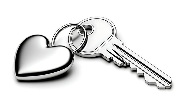 Silver metal key with a heart shaped keychain on a clean white background studio