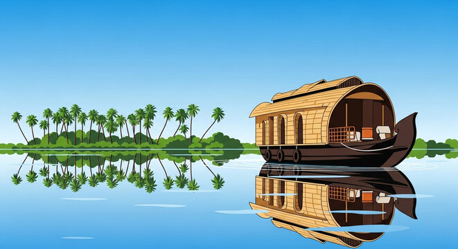 Vector Illustration of a Traditional Kerala Houseboat on Calm Backwaters with Palm Trees and Water Reflection