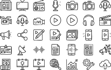 Fototapeta premium Media and broadcasting outline icons collection for digital marketing and content production with broadcasting
