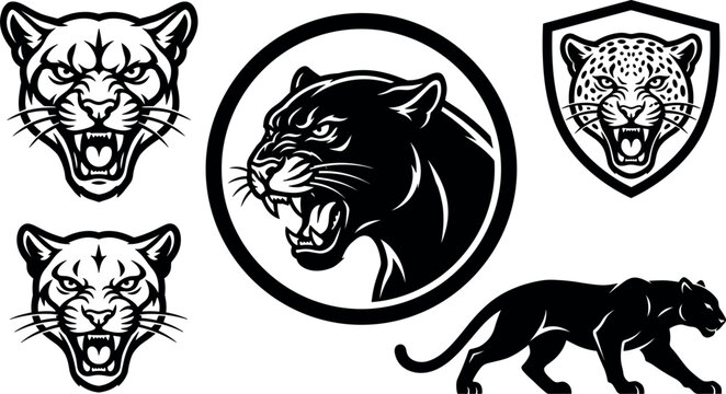 Aggressive Black Panther and Jaguar Mascot Vector Logo Set Featuring Roaring Wild Cat Heads and Prowling Panther for Sports TeamsAggressive Black Panther and Jaguar Mascot Vector Logo Set Featuring Ro