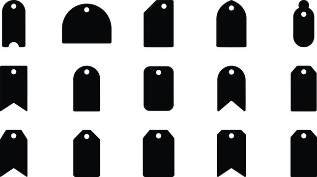 Collection of various black label shapes on white background for design purposes