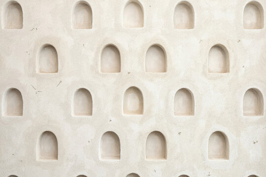 A light beige wall surface with multiple rows of small, uniform arched niches, creating a repetitive and symmetrical architectural pattern