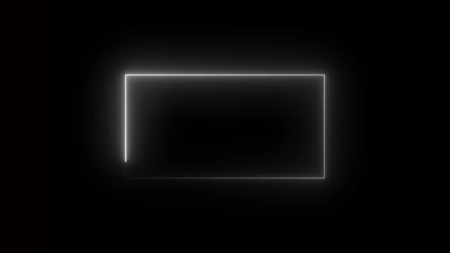 White neon light frame with seamless loop effect, glowing neon white rectangle border animation on black screen.
