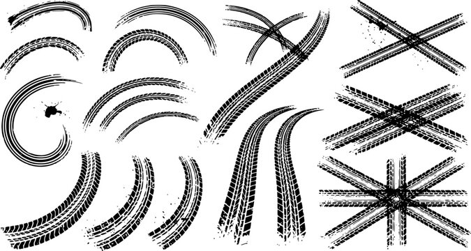 Tire tracks after skidding, launch, drift, powerslide in motorsport, rally, off-road, motocross. Wheel texture with splash effect. Vector, transparent EPS version.