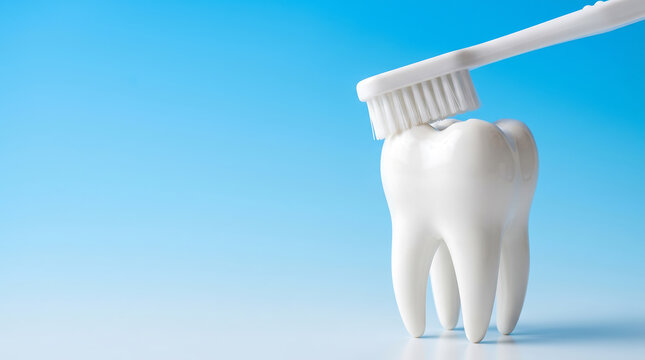 A white plastic toothbrush cleans a single glossy ceramic tooth model under bright studio lighting