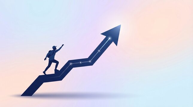 Silhouette of a businessman climbing an upward trending arrow representing growth and success in a career
