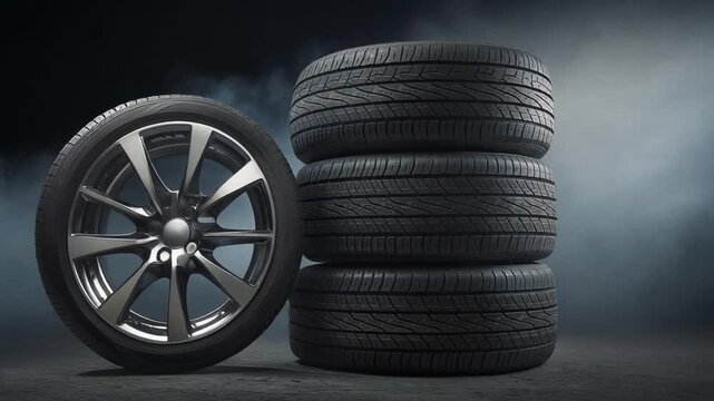 Stack of car tires with one leaning on the side against a dark background with smoke