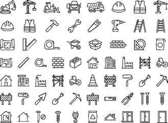 Naklejka premium Detailed construction industry tool and building material icon set with construction building architecture