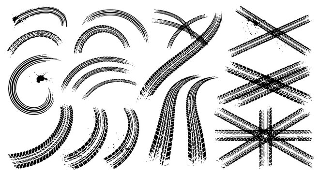 Tire tracks after skidding, launch, drift, powerslide in motorsport, rally, off-road, motocross. Wheel texture with splash effect. Vector, JPEG version.