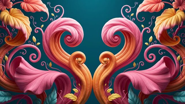 Symmetrical floral patterns with vibrant pink and orange organic shapes