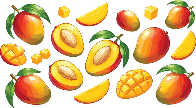 Fresh juicy mango fruits vector illustration set with whole halves slices cubes and green leaves isolated on white background