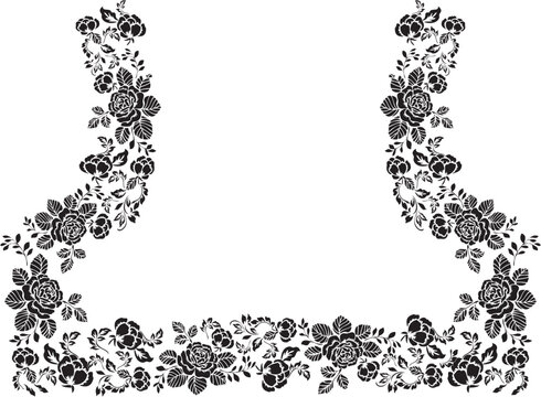 Black and white floral corner border with intricate rose pattern, perfect for neckline or invitation design &ndash; Seamless pattern for textile prints on fabric and wallpaper
