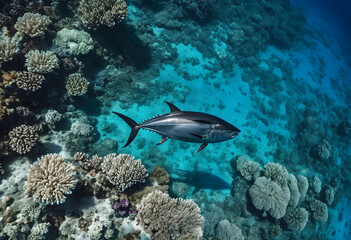 Fototapeta premium Aerial view of a tuna swimming over coral reef