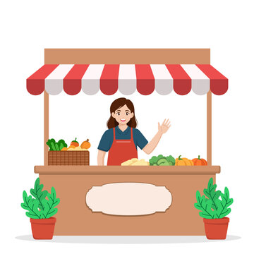 Vector illustration of a smiling female seller waving hand at a vegetable stall marketplace
