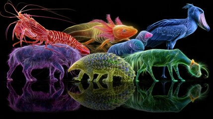 Fototapeta premium Ten animals appear in neon colors across a black background. Each creature stands out, showcasing its unique form and glow.