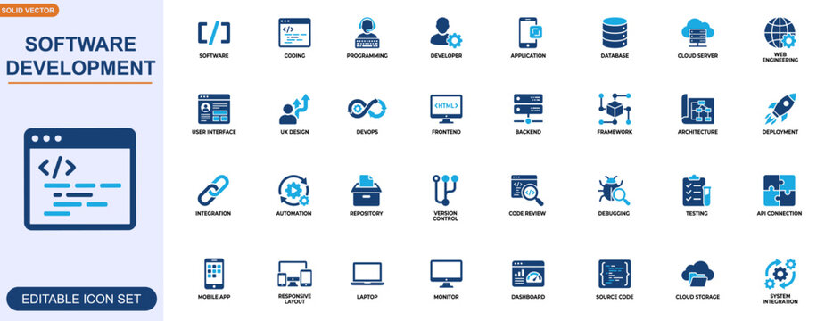 Software development and coding workflow icon set. Programming, developer tools, database management, UI UX design, cloud server, application interface, DevOps. Editable icons collection. Vector.