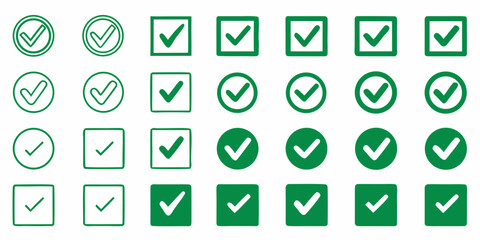 Green checkmark icons with varying styles and shapes on a white background © Subarna