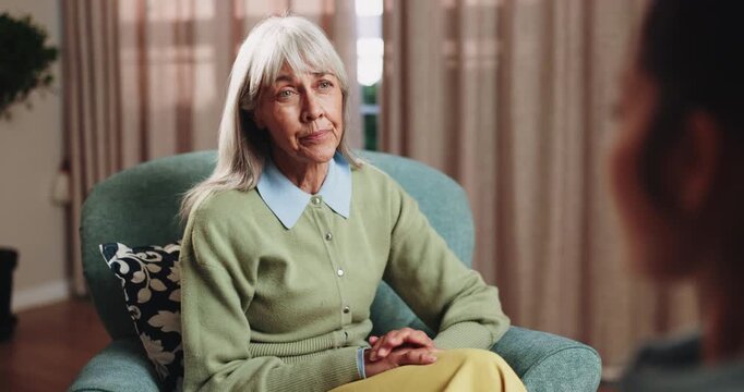 Review, counseling and psychologist with senior woman in office for coping mechanisms on trauma. Talking, help and therapist with elderly person for mental health evaluation for support in clinic.