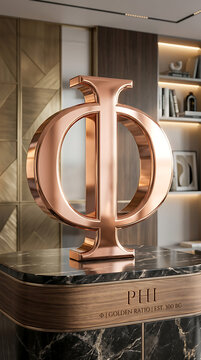 Rose gold greek letter phi sign on a luxury marble desk