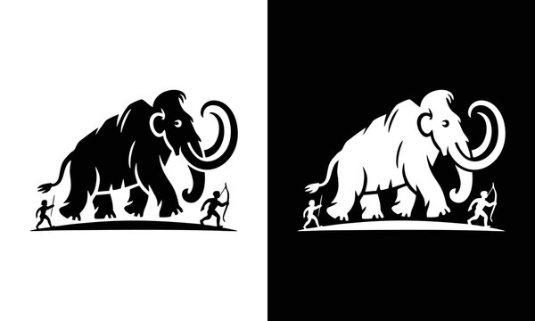 Woolly mammoth and prehistoric hunters silhouette