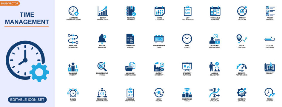 Time management and productivity icon set. Planner, calendar, task manager, schedule, deadline, checklist, workflow, reminder. Editable icons collection. Vector.