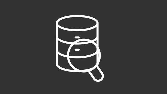 Data analysis and management white line animation. Database auditing animated icon. Moving magnifying glass. Digital forensics. Isolated element on dark background. Alpha transparent video
