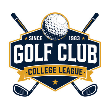 Golf club college league logo with golf ball and clubs since 1983  sports emblem