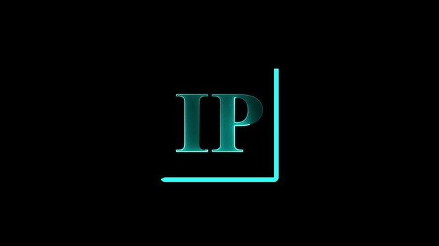 Glowing Neon IP Letter Logo Animation with Digital Square Frame on Black Background for Futuristic Technology Branding