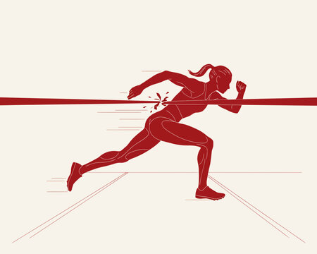 Stylized red graphic of a female sprinter crossing the finish line on a running track