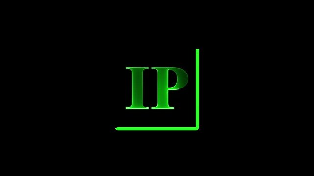 Glowing Green IP Letter Logo Inside Neon Square Frame on Black Background