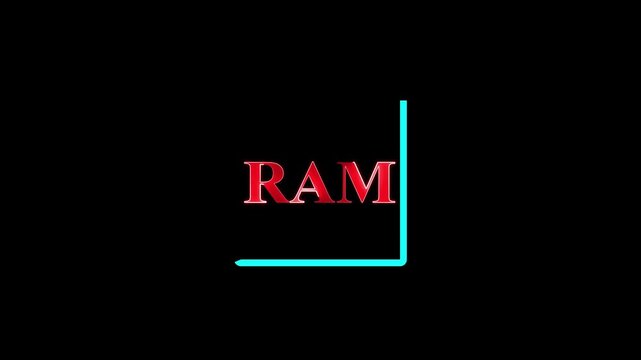 Glowing RAM Text Logo Animation with Neon Square Frame, Futuristic Digital Memory Technology, Computer Hardware Interface, and Modern Electronic Data Processing Concept