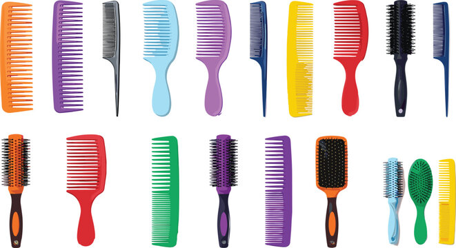 Colorful Hair Comb and Brush Vector Set Featuring Various Hairstyling Tools Round Brushes Detanglers and Wide Tooth Combs Isolated on White Background for Salon Designs