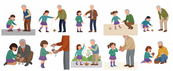 Fototapeta premium Grandfather teaching granddaughter how to play with traditional spinning top toy illustration set