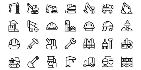 Set of 36 construction, heavy machinery, and industrial building line icons for projects © MdOmar