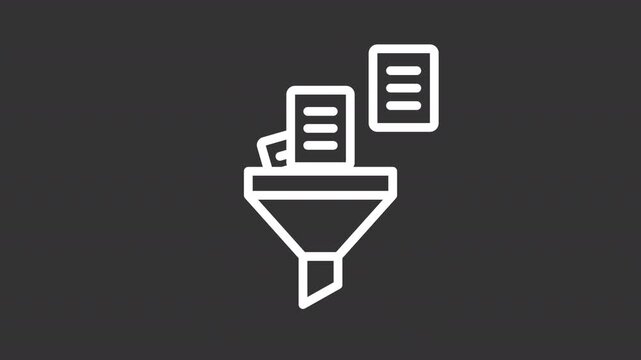Data filtering for insight white line animation. Information sorting animated icon. Moving documents with a shaking funnel. Isolated element on dark background. Alpha transparent video