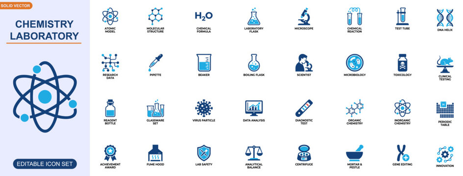 Chemistry laboratory icon set. Molecular structure, laboratory flask, microscope, experiment, chemical formula, reaction tube, biotechnology research. Editable icons collection. Vector.