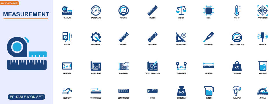 Measurement and calibration icon set. Gauge, ruler, scale, dimension, temperature meter, precision instrument, engineering tools, blueprint diagram. Editable icons collection. Vector.
