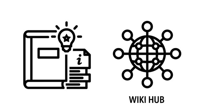 Information knowledge base book and global wiki hub network icon set with knowledge information internet database education learning connection