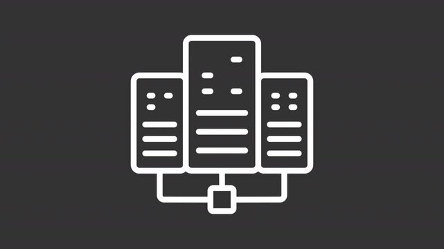 Data centers white line animation. Cloud computing animated icon. Blinking signals. Centralized data management systems. Connected storage. Isolated element on dark background. Alpha transparent video