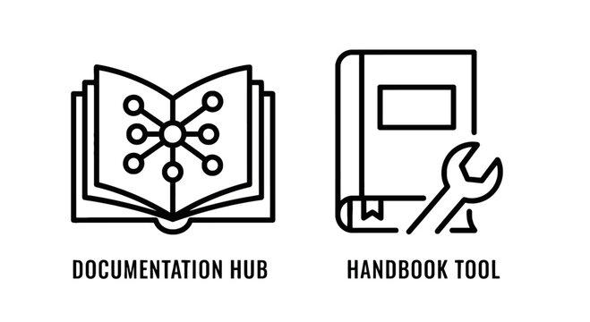 Documentation hub and handbook tool line icons with documentation handbook reference knowledge database information technical business