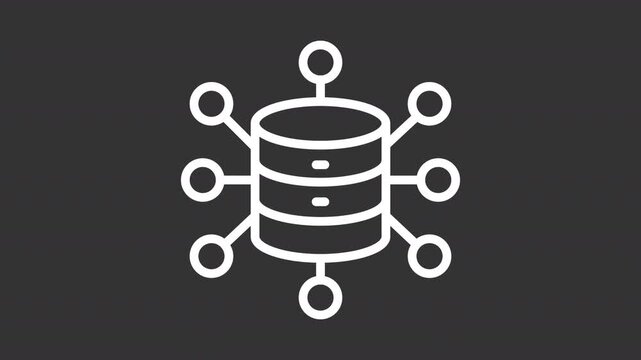 Connected database nodes white line animation. Modern server architecture animated icon. Blinking signals with a moving data. Isolated element on dark background. Alpha transparent video