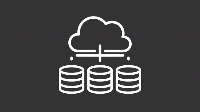 Cloud native data architecture white line animation. Information warehousing solutions animated icon. Shaking servers with moving signals. Isolated element on dark background. Alpha transparent video