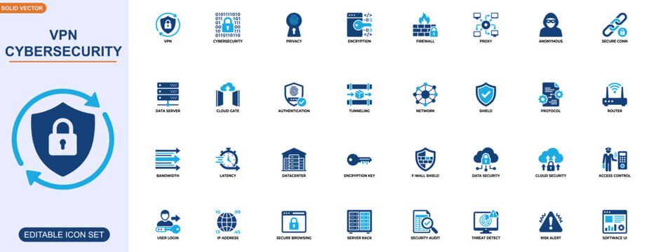VPN cybersecurity icon set. Privacy protection, encrypted proxy, firewall security, anonymous access, secure connection, data server, cloud gateway. Editable icons collection. Vector.