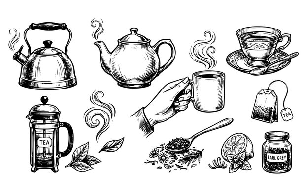 Vintage Hand Drawn Tea Time Vector Set with Teapot Cup Held in Hands Teabags Mint Chamomile Honey and Steam Elements for Cafe Menu Designs