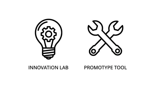 Innovation lab and prototype tool icon set with innovation prototype lightbulb development technology engineering minimalist creative industry