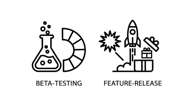 Beta testing and software feature release icons with software development experiment minimalist laboratory deployment innovation milestone