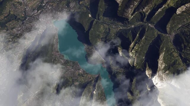 Flying over alpine lake surrounded by mountains in Switzerland with passing clouds based on Nasa imagery
