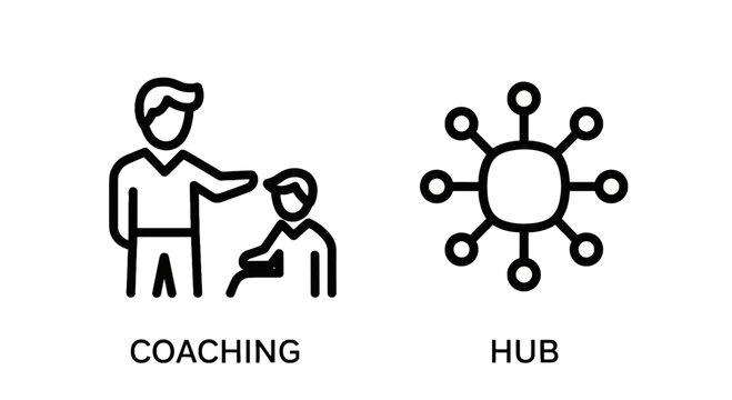 Coaching and hub network connection icons with coaching training education connection minimalist business learning development structure