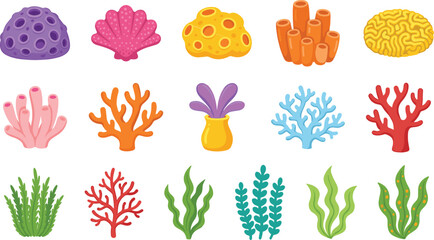 Colorful Underwater Sea Coral and Seaweed Vector Set Featuring Coral Reef Sponge Seashell and Marine Kelp Plants Isolated on White Background for Ocean Designs © Hazara